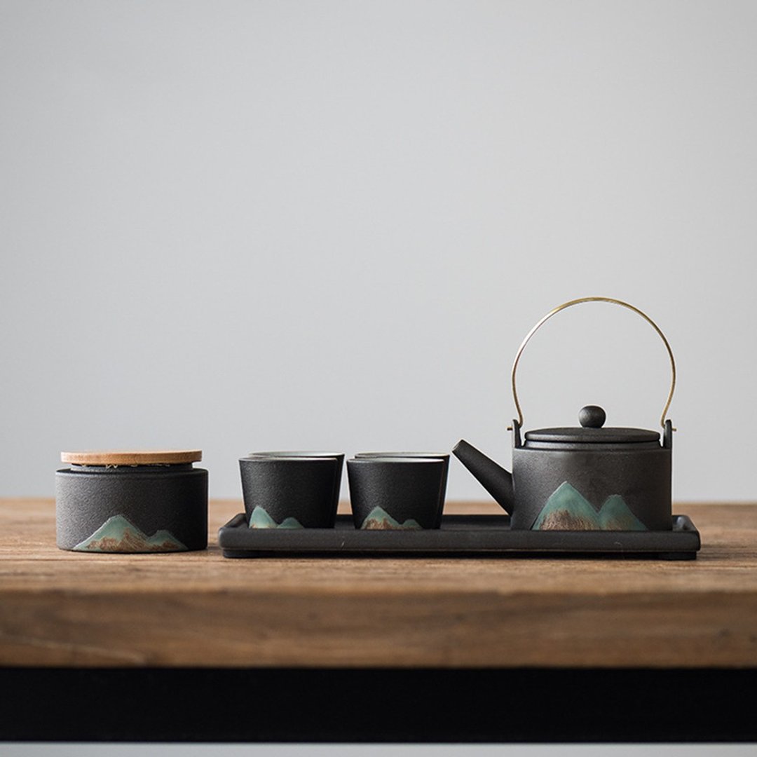 闻说|远山创意日式提梁壶功夫茶具套装 釉彩粗陶一壶四杯 - 茶具/茶杯 - 陶 