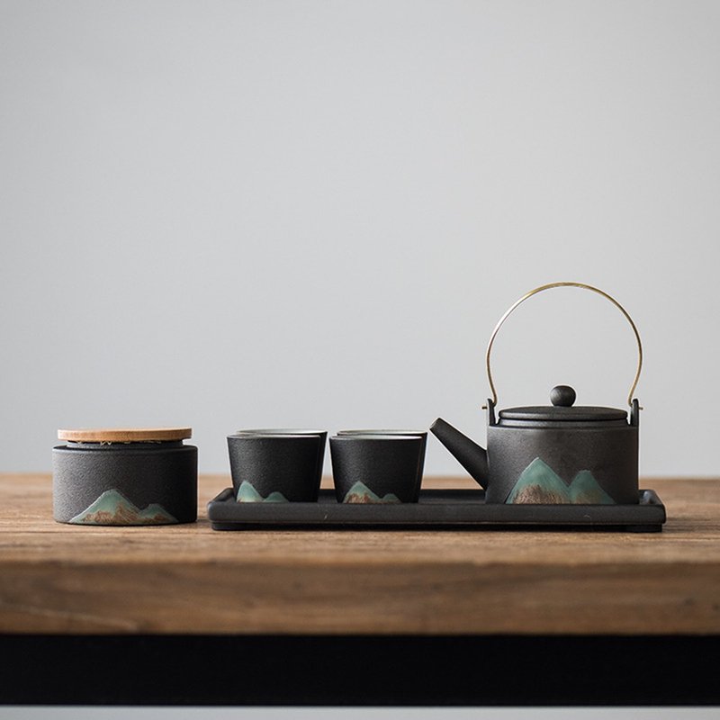 闻说|远山创意日式提梁壶功夫茶具套装 釉彩粗陶一壶四杯 - 茶具/茶杯 - 陶 