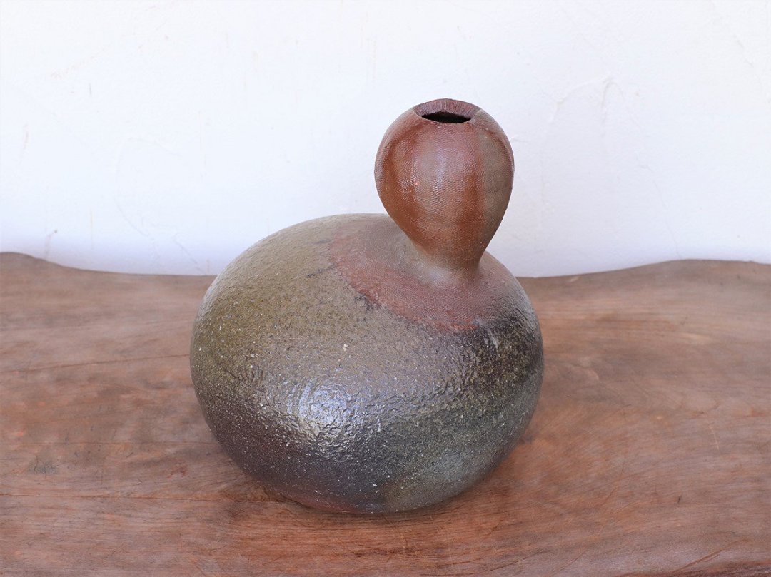 Bizen ware flower case h3-041 - 花瓶/陶器 - 陶 咖啡色