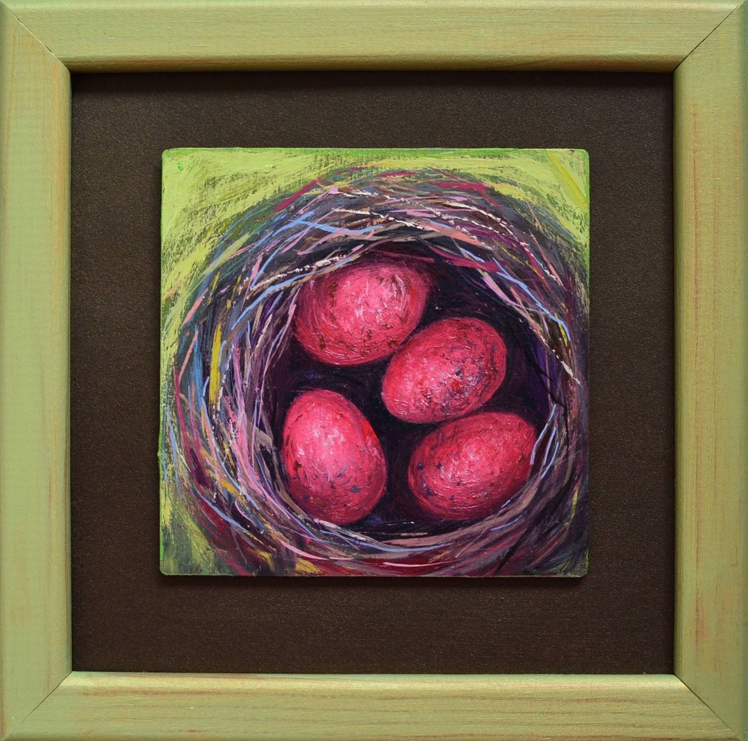 粉色鸟蛋原创油画18x18cm鸟巢画 - 插画/绘画/写字 - 其他材质 蓝色