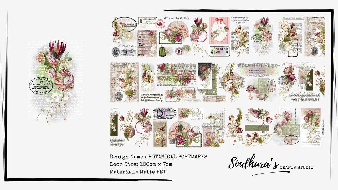Botanical Postmarks 复古植物邮戳风格 哑光 PET 胶带 - 贴纸 - 塑料 多色