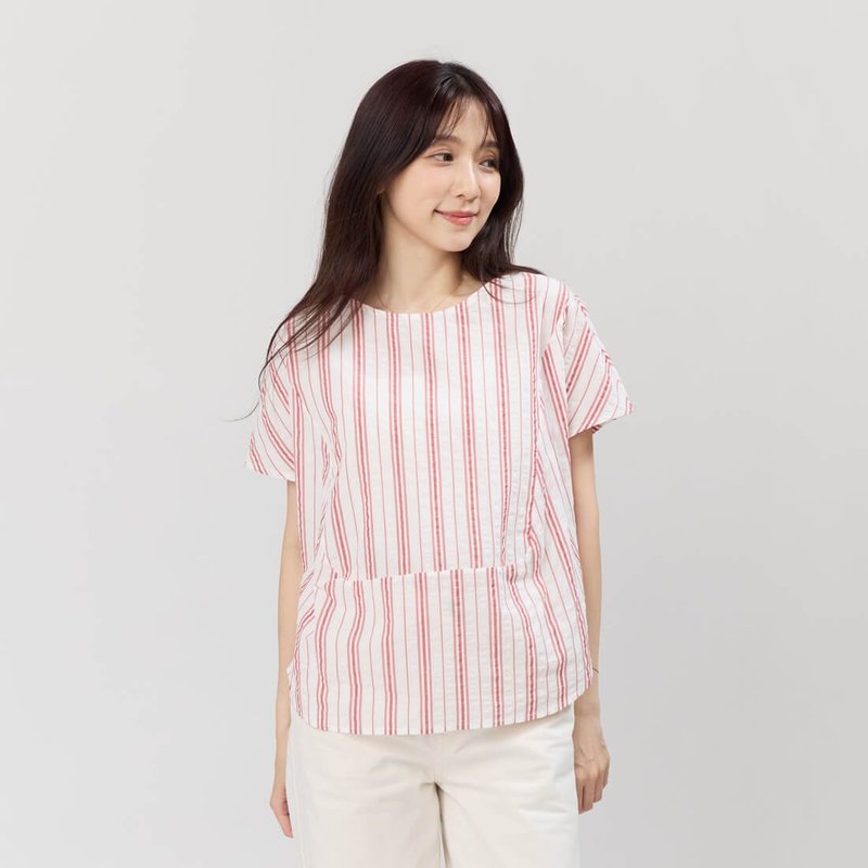 Debbie 方型小蓋袖拼接棉質直條上衣 - 女装上衣 - 棉．麻 白色