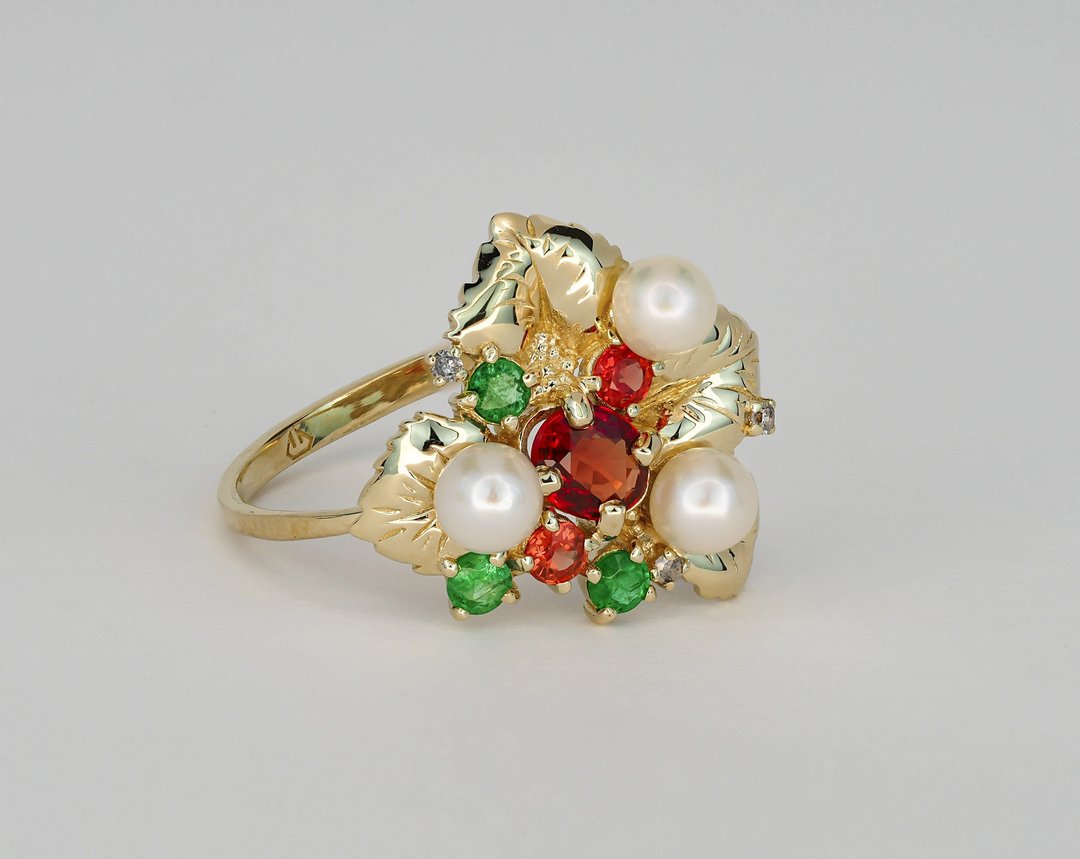 Natural floral ring with oval sapphires, diamonds, emeralds and pearls - 戒指 - 贵金属 金色