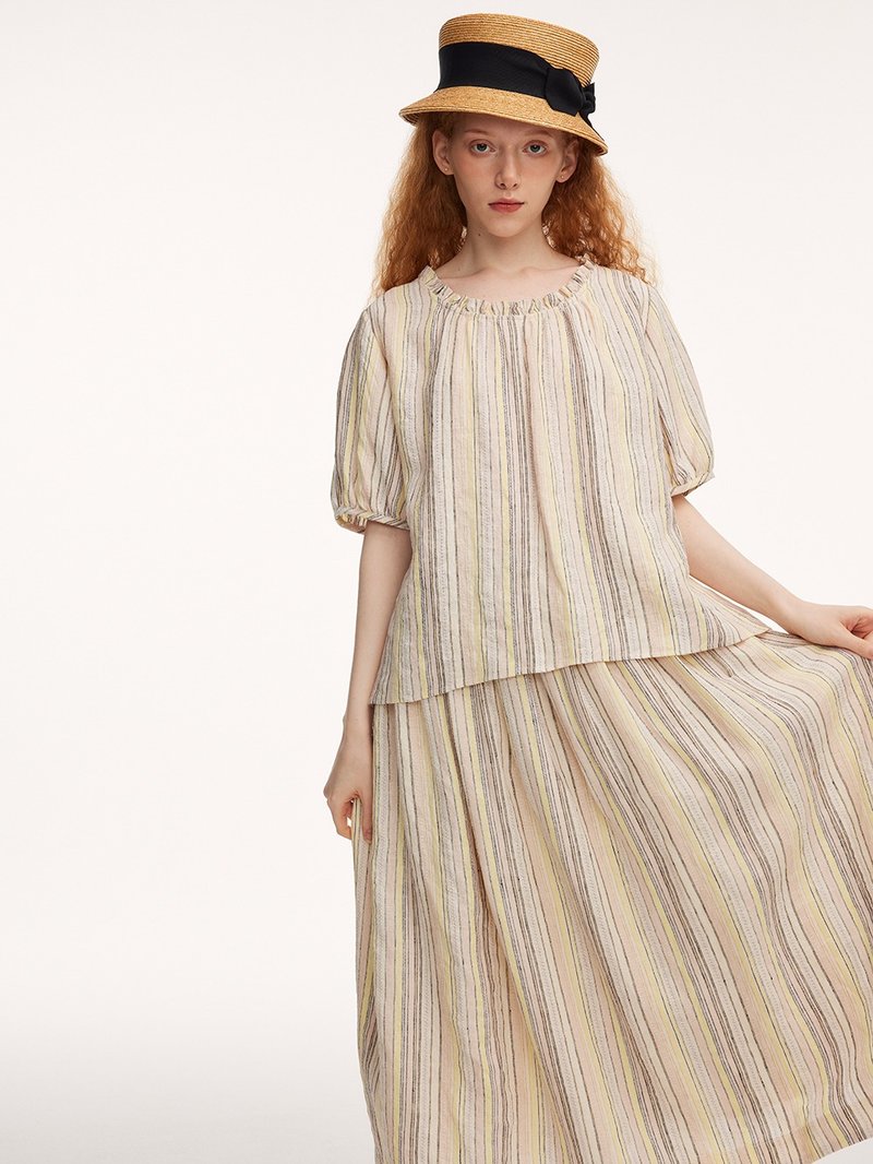 色织条纹 花边领亚麻宽松衬衫松紧腰半裙 - 女装上衣 - 棉．麻 黄色