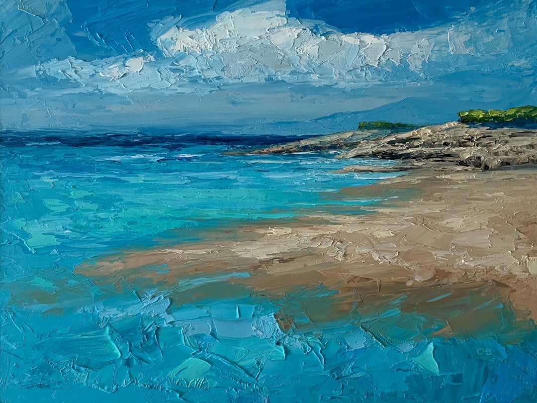 Original Seascape Oil Painting Beach Ocean Landscape Textured Impasto Art - 墙贴/壁贴 - 棉 多色