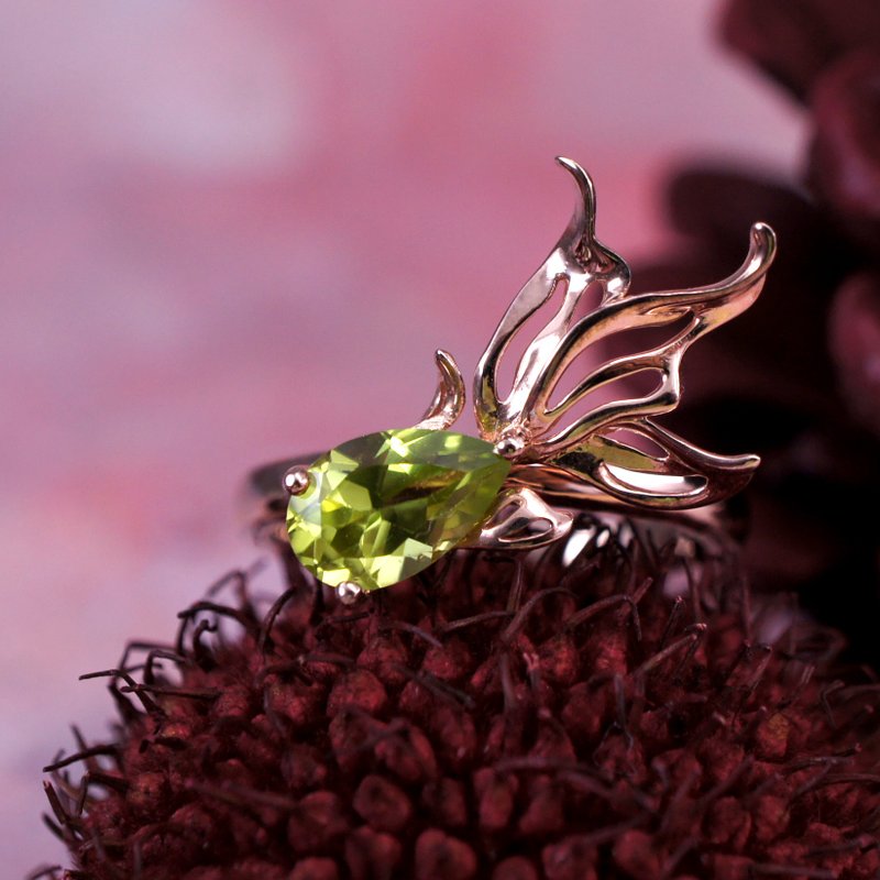 小金鱼 - 橄榄石 纯银 电 18K玫瑰金 戒指 - 戒指 - 宝石 绿色
