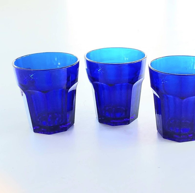 1970's 老法国 蓝色 几何切面 玻璃威士忌酒杯/水杯/冰咖啡杯 - 玻璃杯 - 玻璃 蓝色