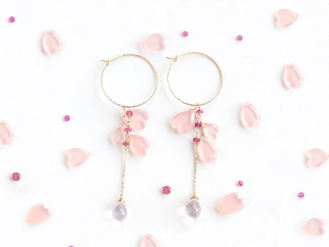 14kgf-cherry blossom hoop pierced earrings/can change to clip-on - 耳环/耳夹 - 其他金属 粉红色