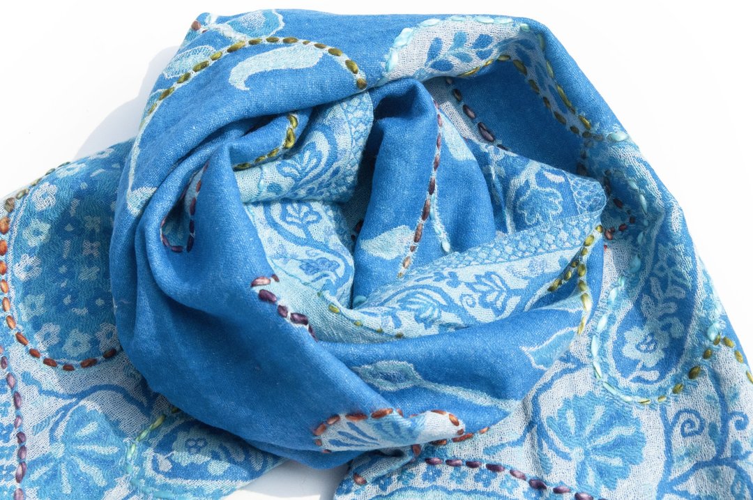 喀什米尔 Cashmere/水煮羊毛披肩/针织围巾/刺绣围巾/羊绒披巾 - 花 - 围巾/披肩 - 羊毛 蓝色