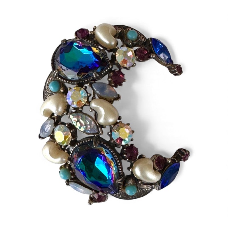 复古 Florenza 半月形蓝色水晶胸针 1960 年代 神秘 极为罕见 别针 - 胸针 - 其他材质 蓝色