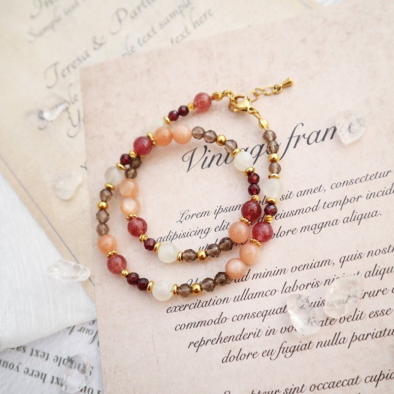 草莓晶-橙色月光石-茶晶│黄铜 双圈 扣环式 手链 - 手链/手环 - 水晶 橘色