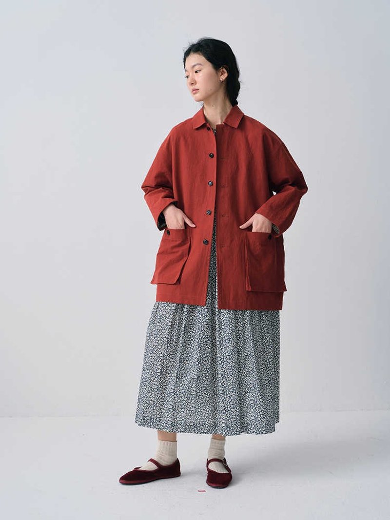 宽松百搭复古红棉麻短风衣外套 - 女装西装外套/风衣 - 棉．麻 多色