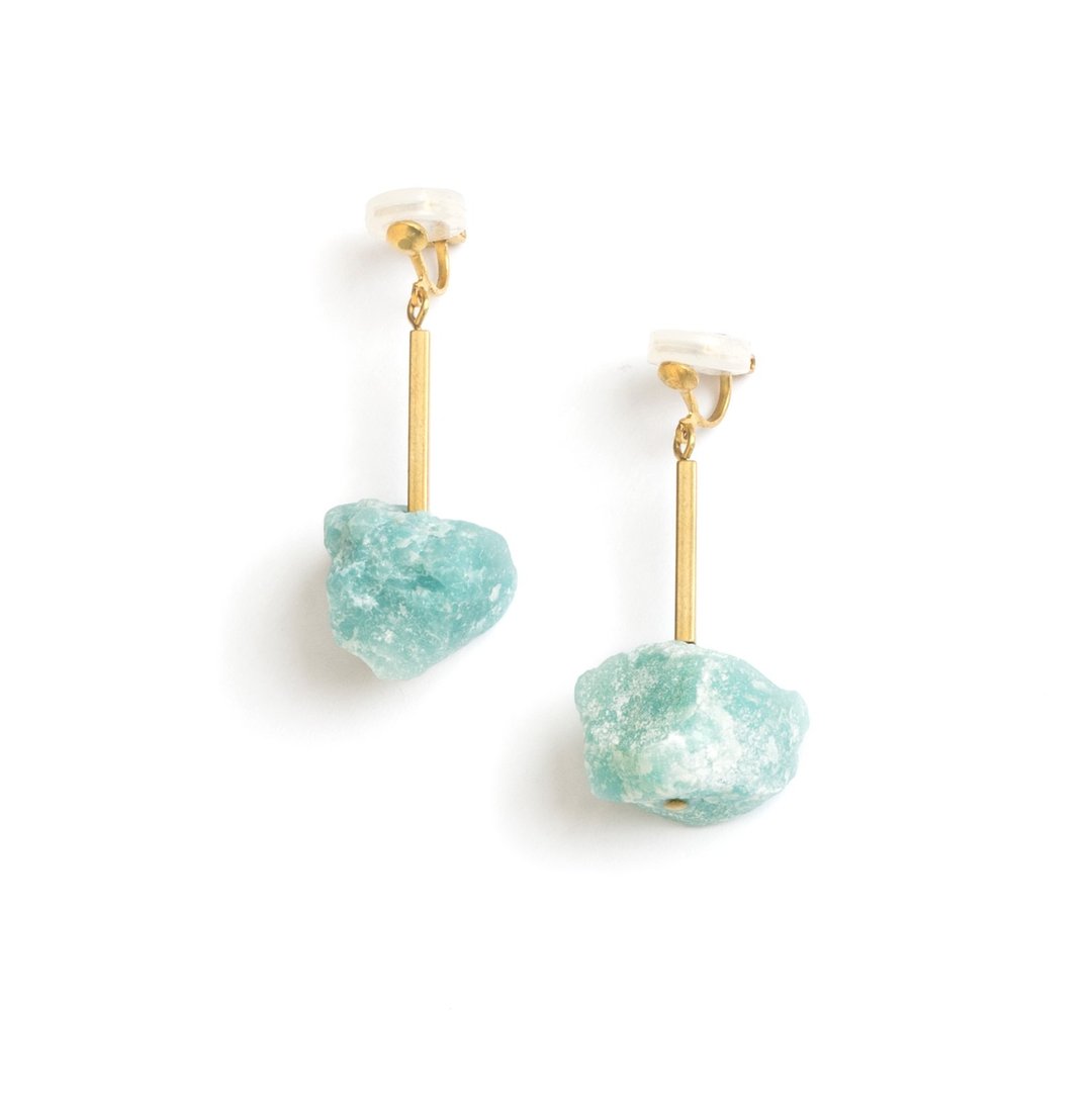 天河石耳夹 Amazonite clip-ons - 耳环/耳夹 - 宝石 绿色