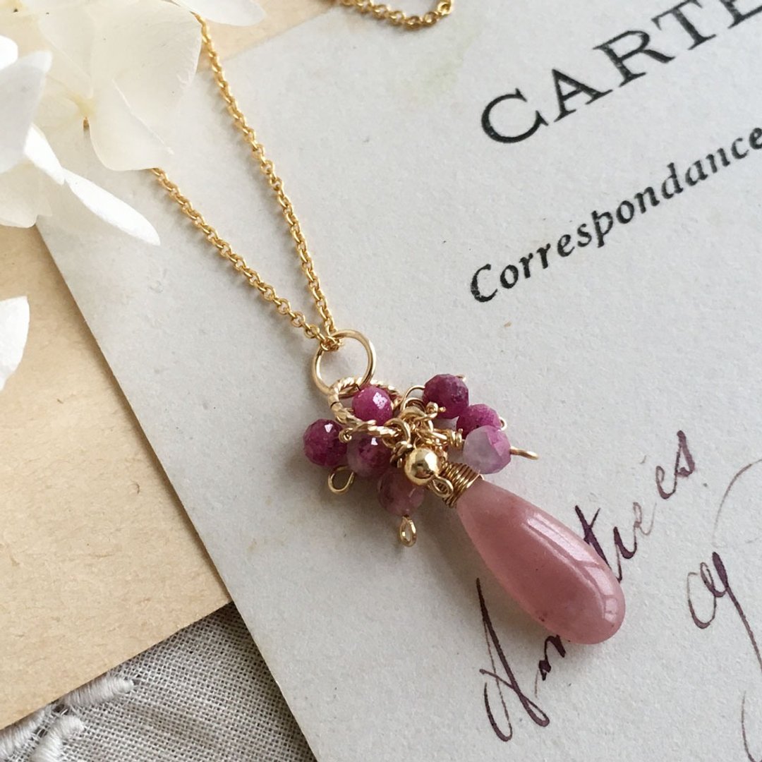 14kgf guava quartz drop and ruby and pink tourmaline silica flower necklace - 项链 - 宝石 粉红色