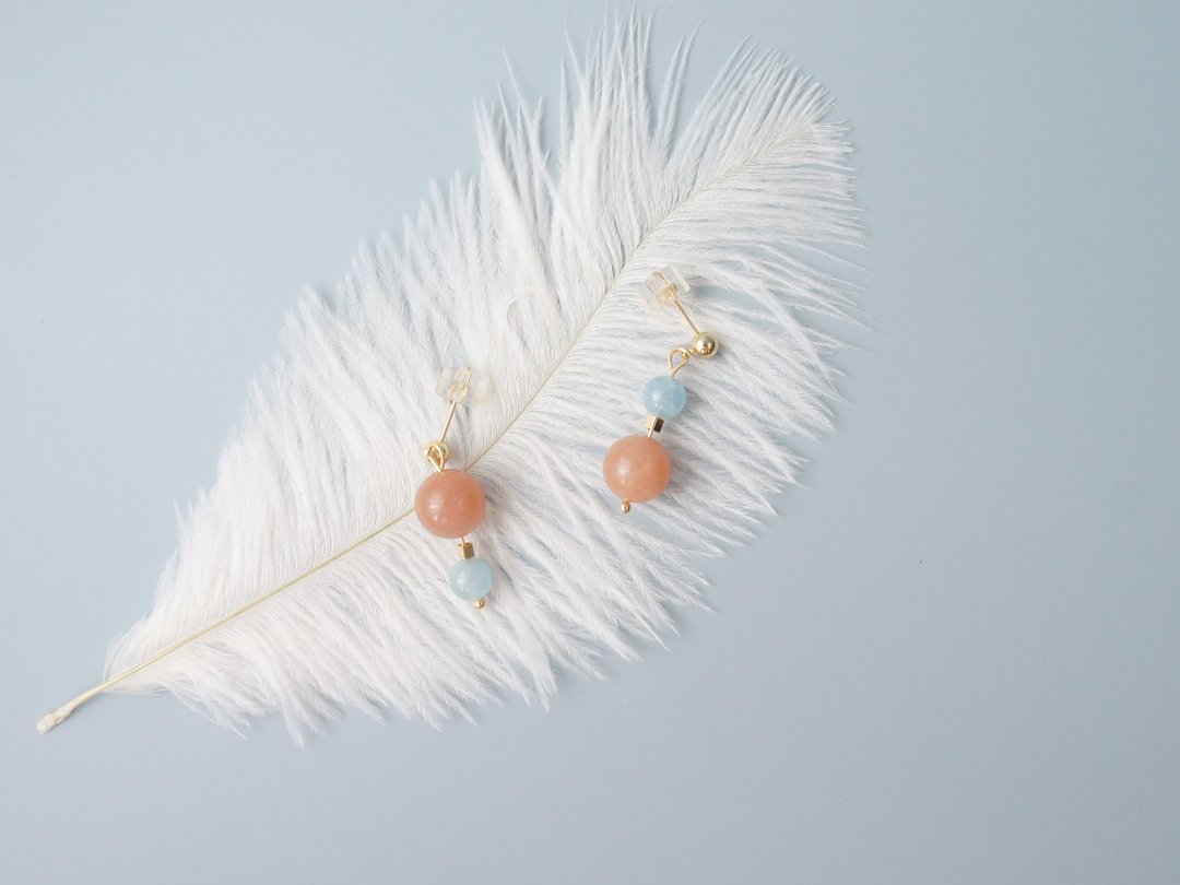 泡泡糖 Aquamarine Moonstone 海蓝宝石 月光石 耳环 - 耳环/耳夹 - 宝石 多色