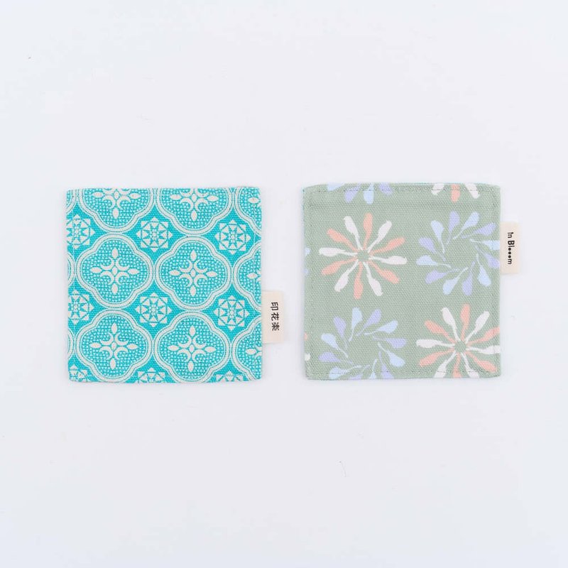 印花布杯垫二入组-10x10/杂花/山中健行/玻璃海棠 - 杯垫 - 棉．麻 绿色