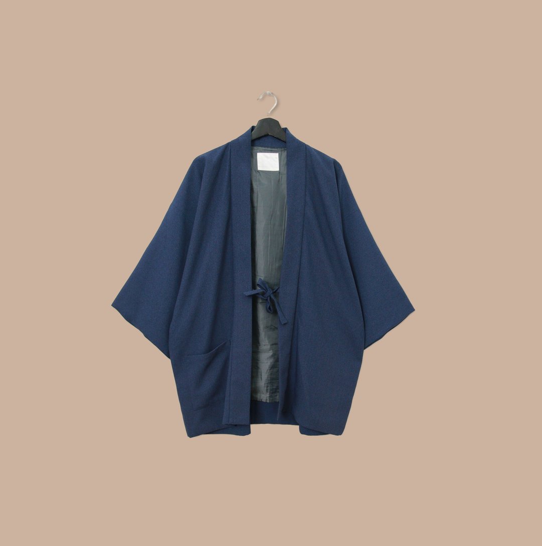 Back to Green-日本男款羽织 蓝 绑带 /vintage kimono - 男装外套 - 丝．绢 