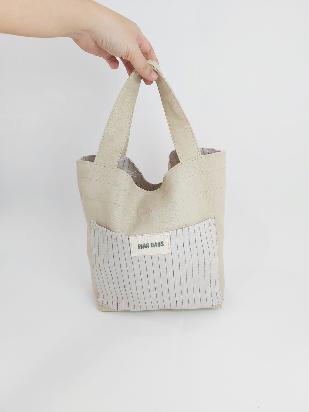 Reversible Drawstring bag, Beige Linen - 束口袋双肩包 - 棉．麻 卡其色