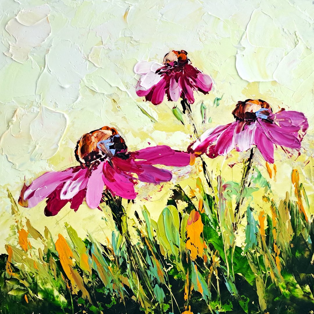 Pink Daisies Painting Impasto Original Art Daisy Oil Painting Flowers Small Art - 海报/装饰画/版画 - 其他材质 多色
