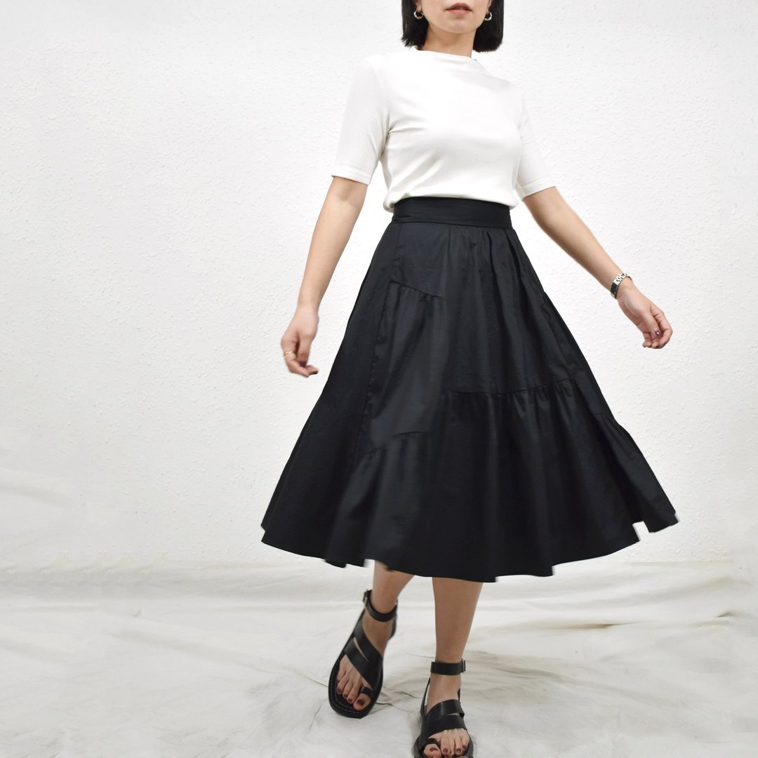 Caden Skirt- Black 黑色开叉打褶半身裙 - 裙子 - 棉．麻 黑色