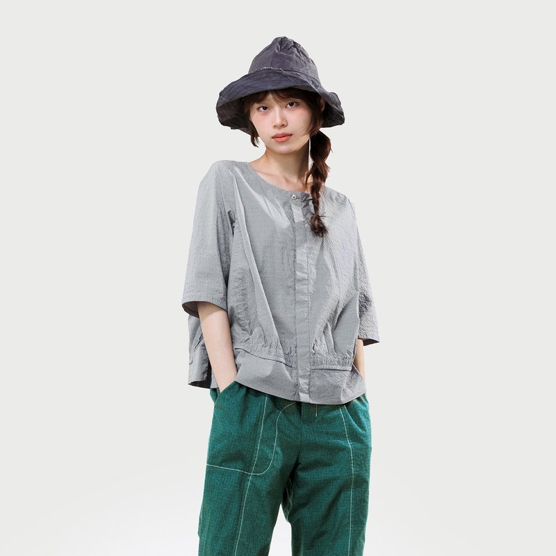 颗粒细点剪接无领衬衫 - 女装衬衫 - 棉．麻 灰色