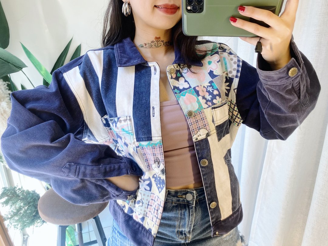 蓝紫色童趣史努比拼布中磅 古着翻领棉质牛仔外套 vintage coat - 女装休闲/机能外套 - 棉．麻 白色
