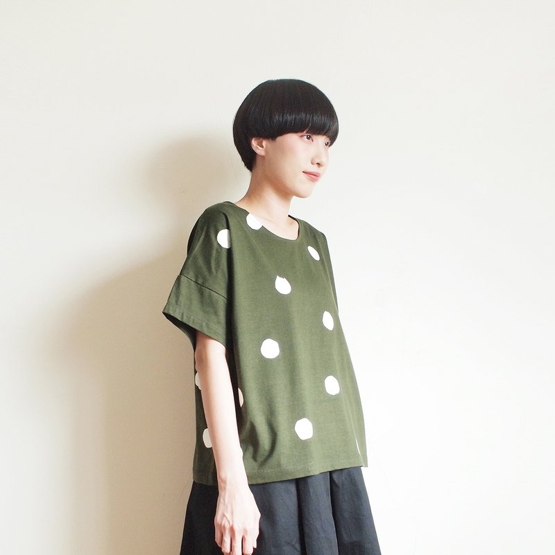 polka dot cat crop t-shirt : khaki - 女装 T 恤 - 棉．麻 绿色