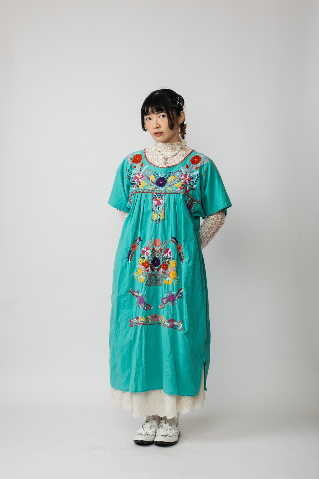 墨西哥刺绣洋装.Mexican Folk Dress【初恋贩卖所】Vintage.B712 - 洋装/连衣裙 - 棉 绿色