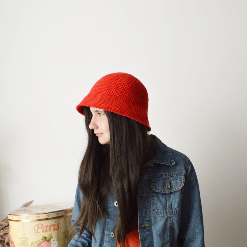 Crochet red bucket hat aesthetic outfit men women Custom cute knitted fisherman - 帽子 - 棉．麻 红色