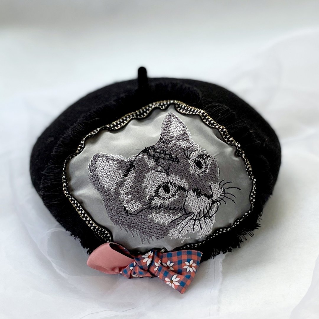 贝蕾帽beret /贵族猫咪贝雷帽 羊毛 刺绣蕾丝帽子 蓓蕾帽 画家帽 - 帽子 - 其他材质 黑色