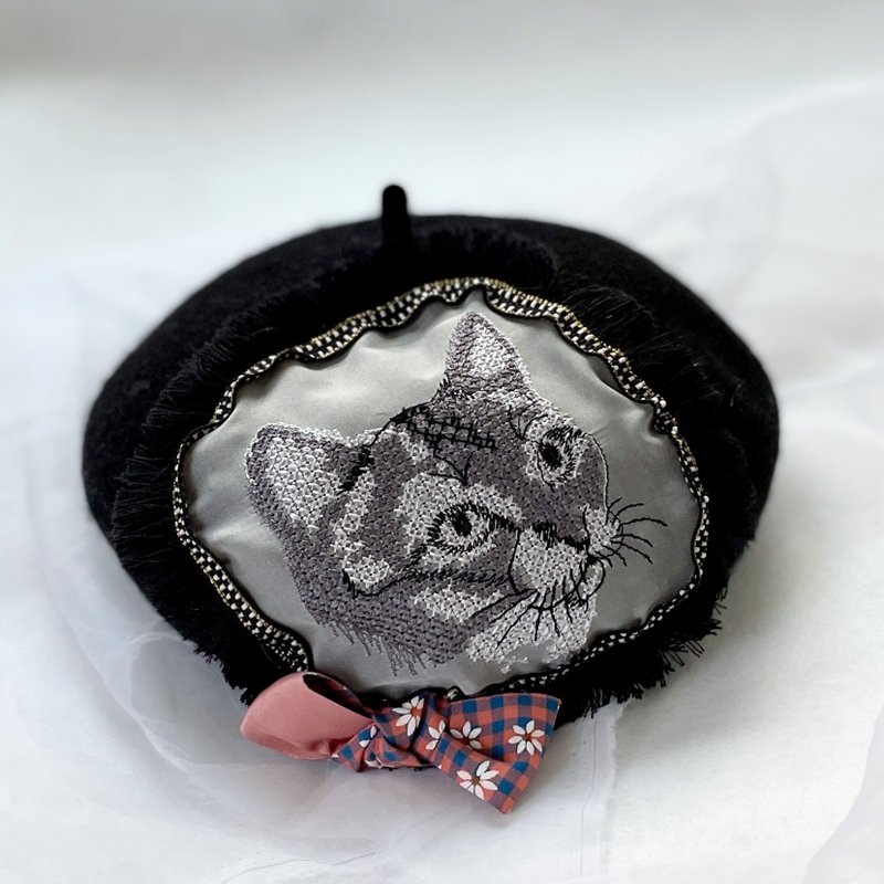 贝蕾帽beret /贵族猫咪贝雷帽 羊毛 刺绣蕾丝帽子 蓓蕾帽 画家帽 - 帽子 - 其他材质 黑色
