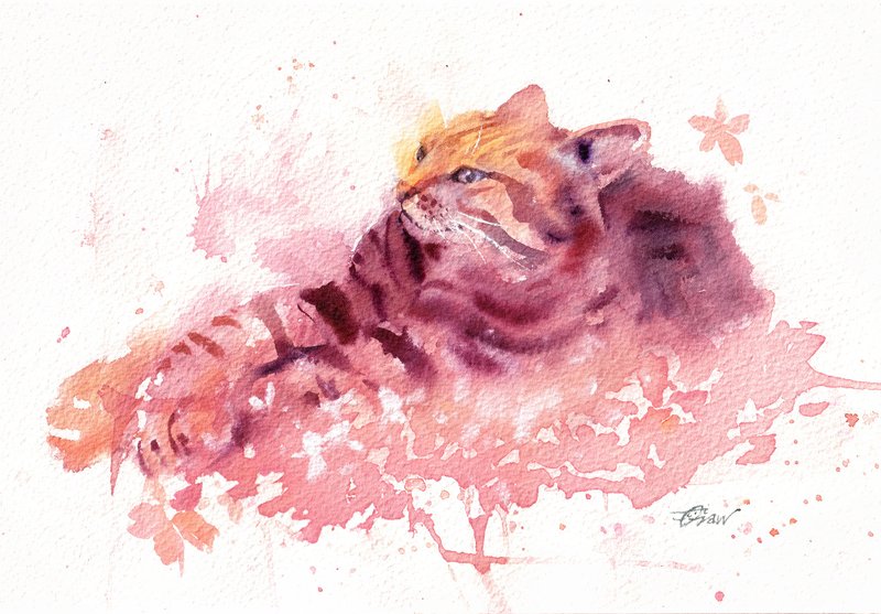 水彩原画【樱色虎斑猫】 - 其他 - 纸 粉红色
