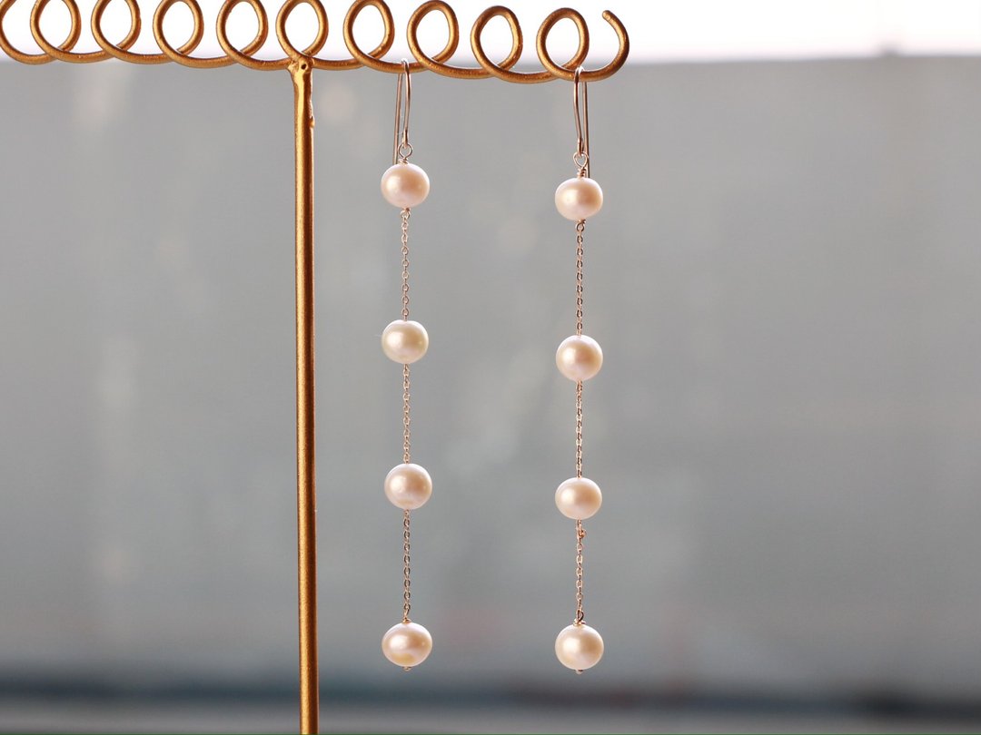 14kgf- pearl long pierced earrings / can change to clip-on - 耳环/耳夹 - 其他金属 白色