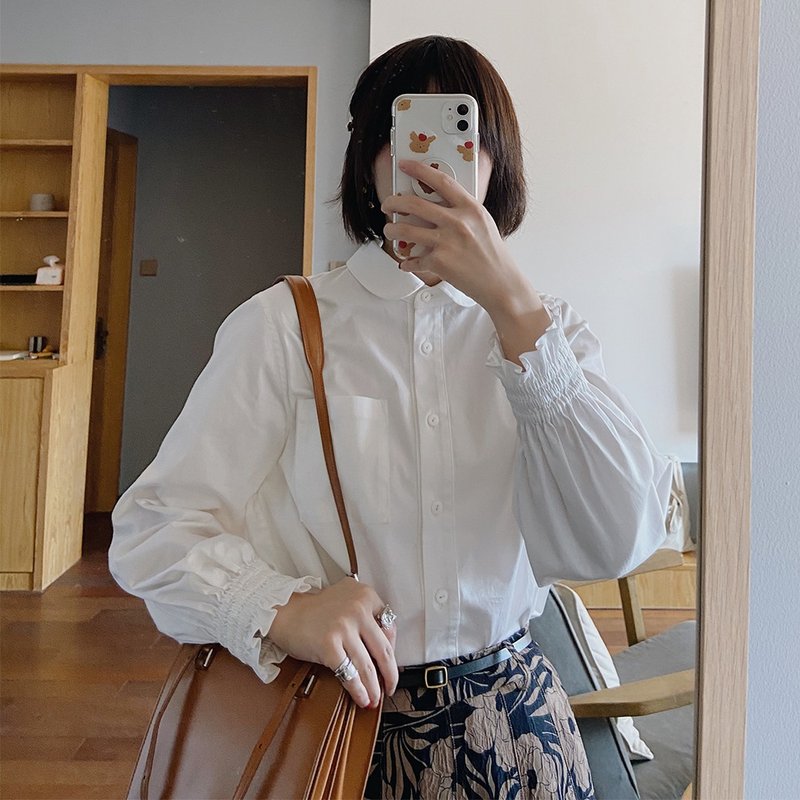 白色娃娃领长袖衬衣|衬衣|春款|棉|Sora-447 - 女装衬衫 - 棉．麻 白色