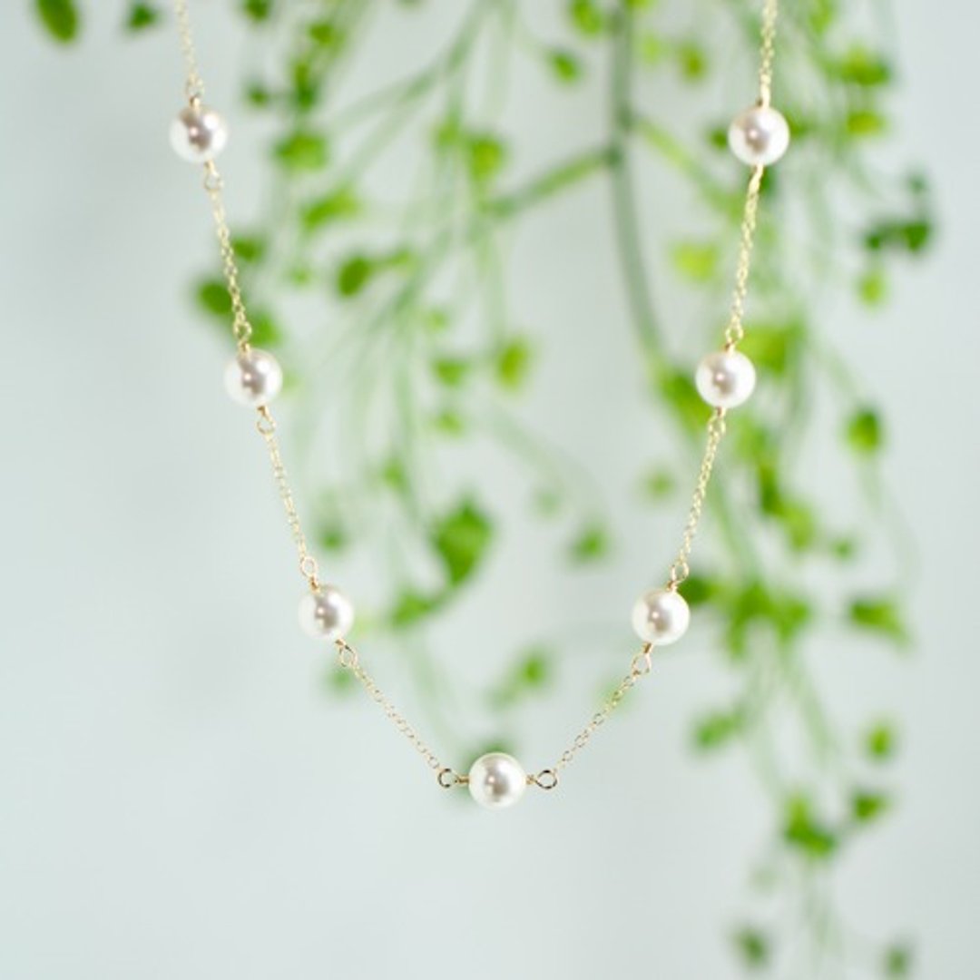 14kgf Swarovski Pearl Long Chain Necklace - 长链 - 其他金属 白色