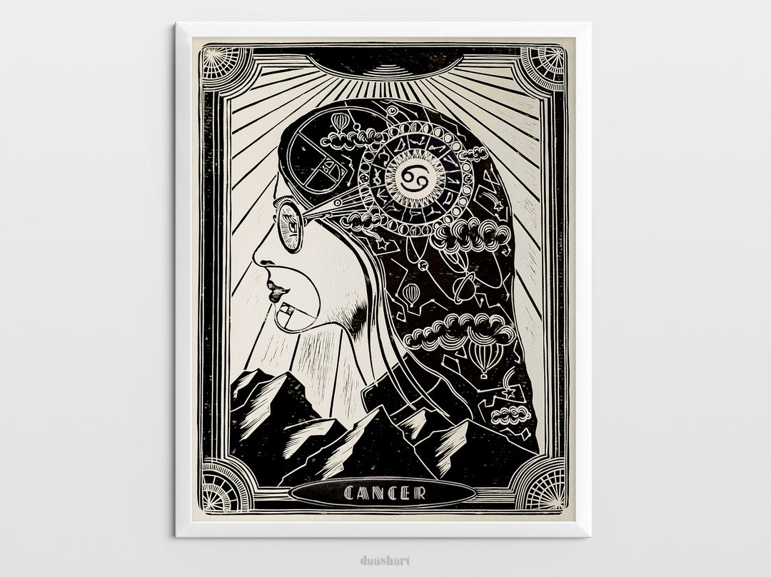 Female portrait with moon phases map wall art Zodiac sign print Linocut print - 海报/装饰画/版画 - 纸 黑色