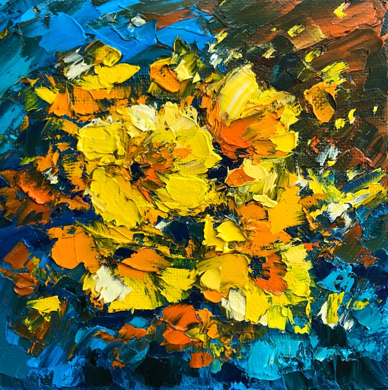 Original Oil Painting On Canvas Yellow Flowers Modern Textured Impasto Artwork - 墙贴/壁贴 - 棉．麻 多色