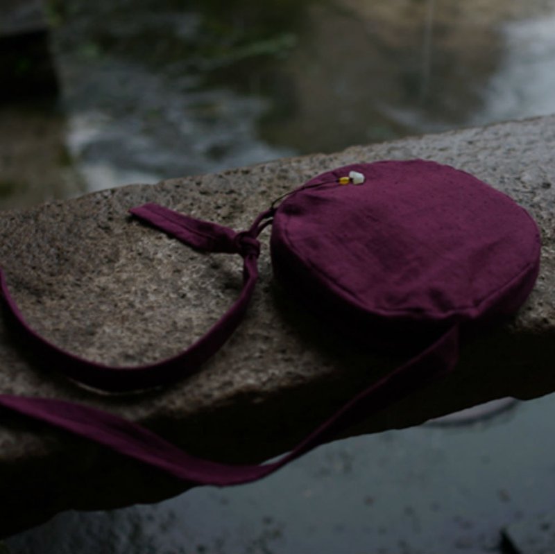 紫紅色 灰色 素面土布手織布斜背包 圓形拉鏈斜挎肩背包 雜物包 - 侧背包/斜挎包 - 棉．麻 紫色