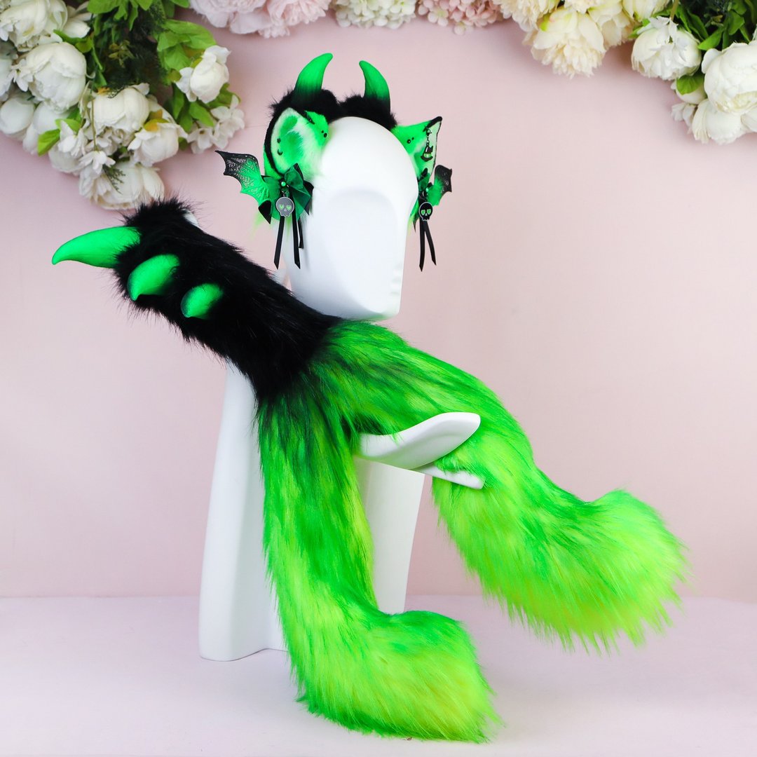 Nekomata Demon Ears and Tail Set Faux Fur Ears and Tail Set - 发饰 - 其他人造纤维 绿色