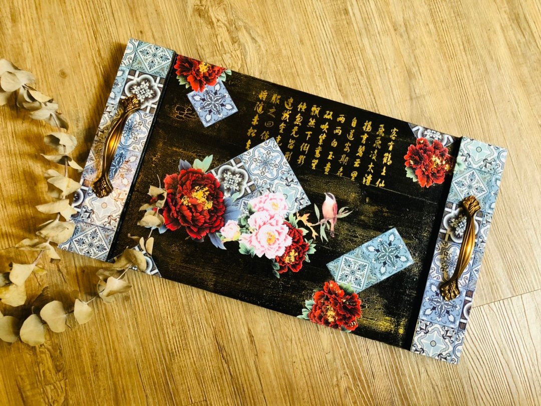 DIY 铂金华风中式茶盘 托盘 古典 蝶古巴特 纸艺拼贴 - 插画/绘画/写字 - 木头 