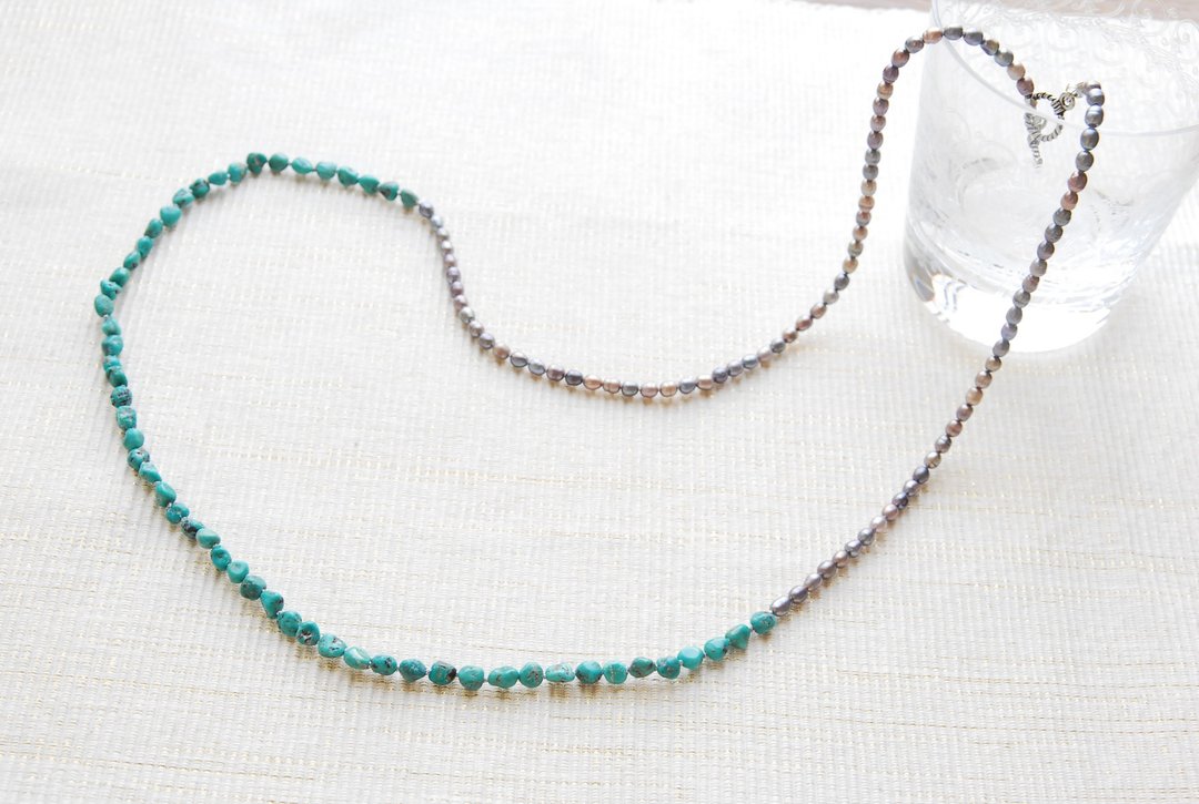Rough turquoise and rice-shaped pearl necklace - 项链 - 半宝石 蓝色
