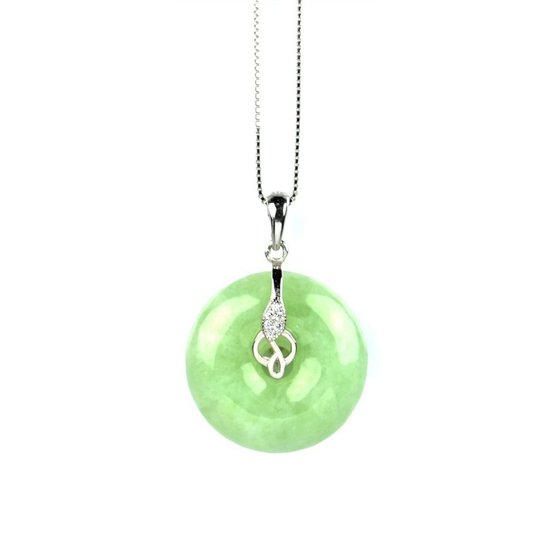 翡翠 豆青玉 古钱平安扣吊坠 20-22mm 925银白K - 项链 - 玉石 绿色