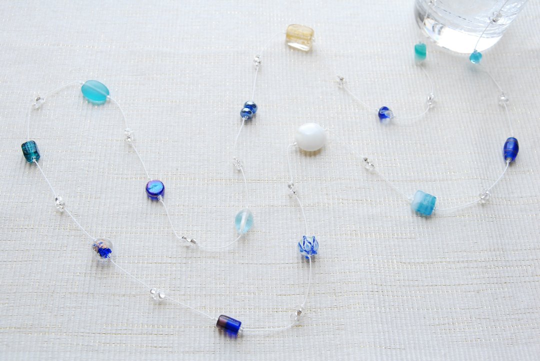 China, India beads long necklace cobalt blue - 长链 - 玻璃 蓝色