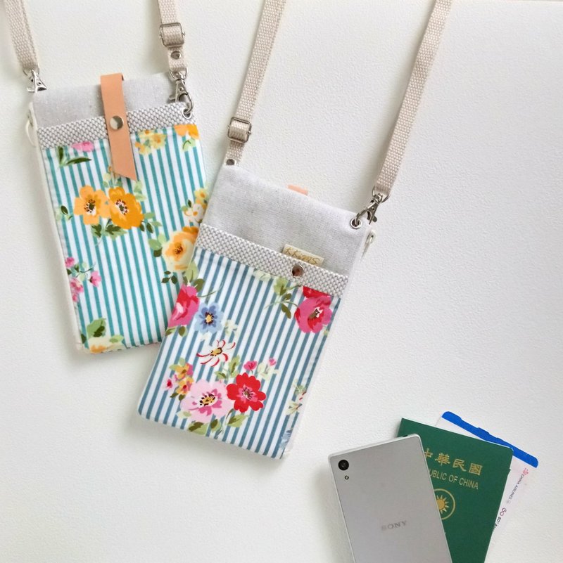 【FPH/3Way手机袋/斜背包】条纹花朵 两色 法国银葱布 刺子布 - 侧背包/斜挎包 - 棉．麻 多色