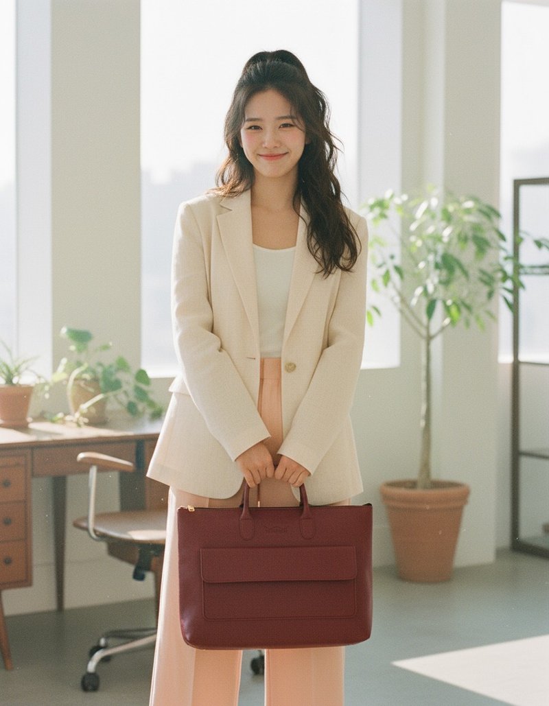 WARALEE's DAY | 短手柄扁方形拉链手提包 - 紅酒顏色 - 电脑包 - 人造皮革 红色