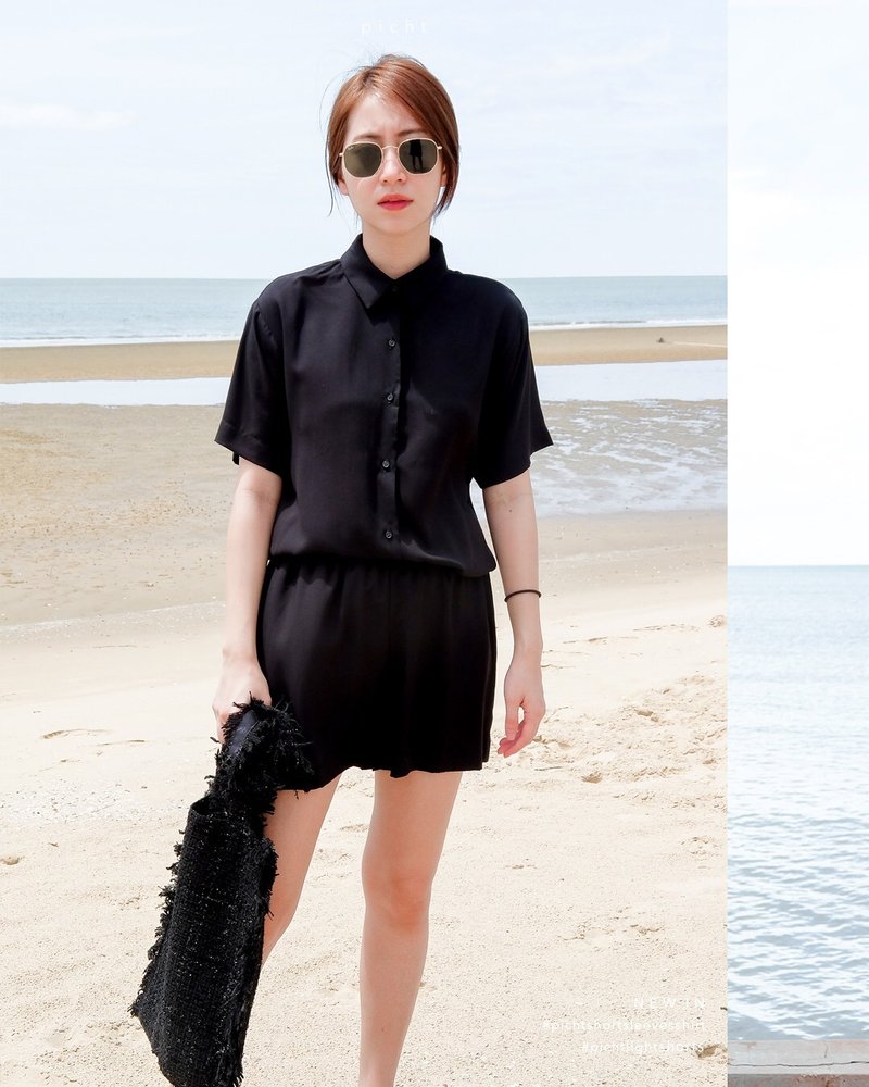 Short sleeves shirt - black - 背带裤/连体裤 - 棉．麻 黑色