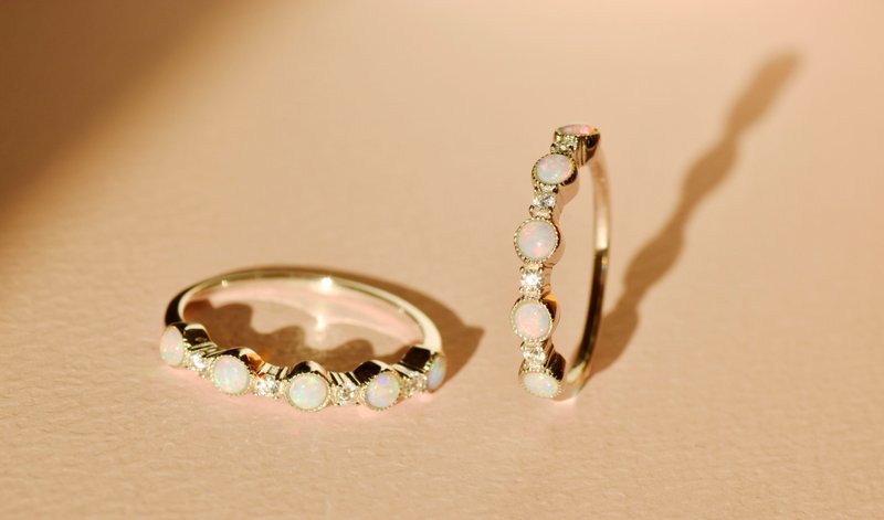 奶蛋白石相连戒指 - 925纯银 - 锆石 - 欧泊 - 戒指 - 宝石 