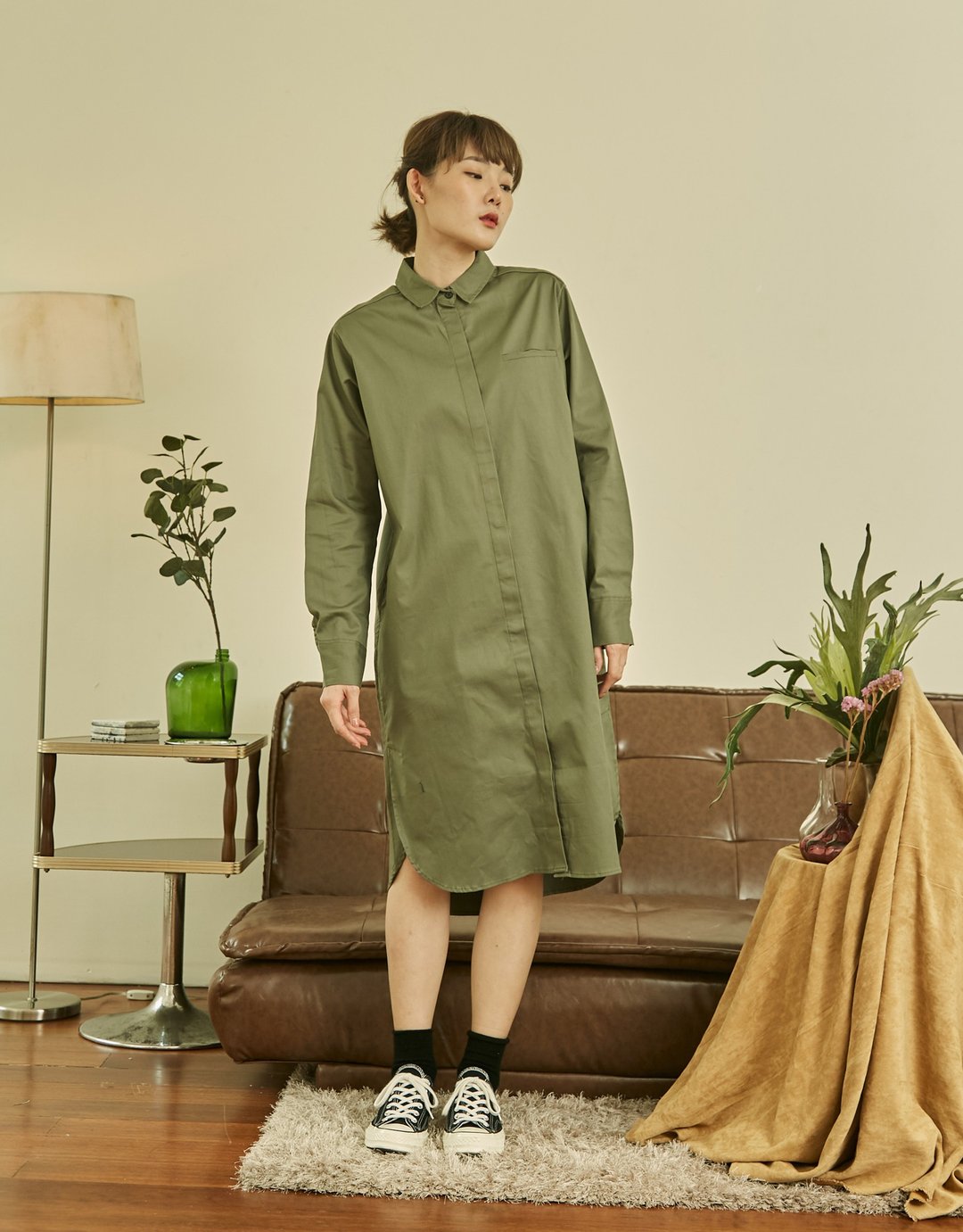 Long Sleeve Cotton Dress Shirt - Olive Green - 洋装/连衣裙 - 棉 绿色