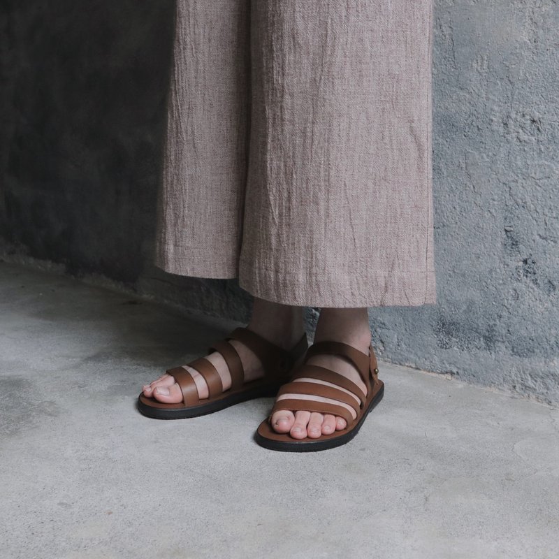 全牛皮三条横线罗马凉鞋 浅棕 - 男女凉鞋 - 真皮 咖啡色