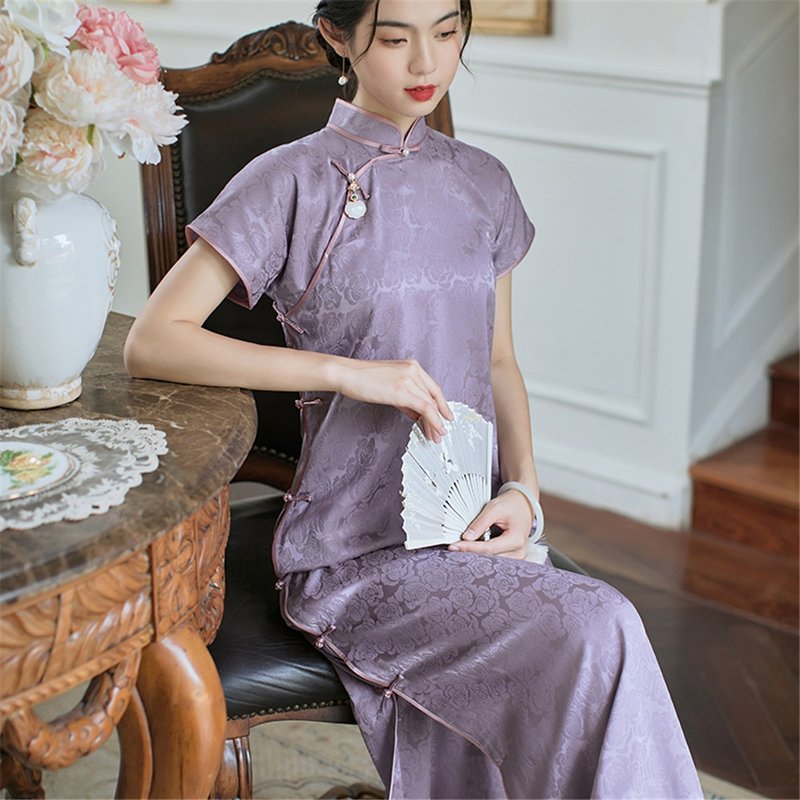 紫色 紫薇 全開襟緞面仿真絲古法旗袍 復古改良新中式國風洋裝 - 旗袍 - 聚酯纤维 紫色